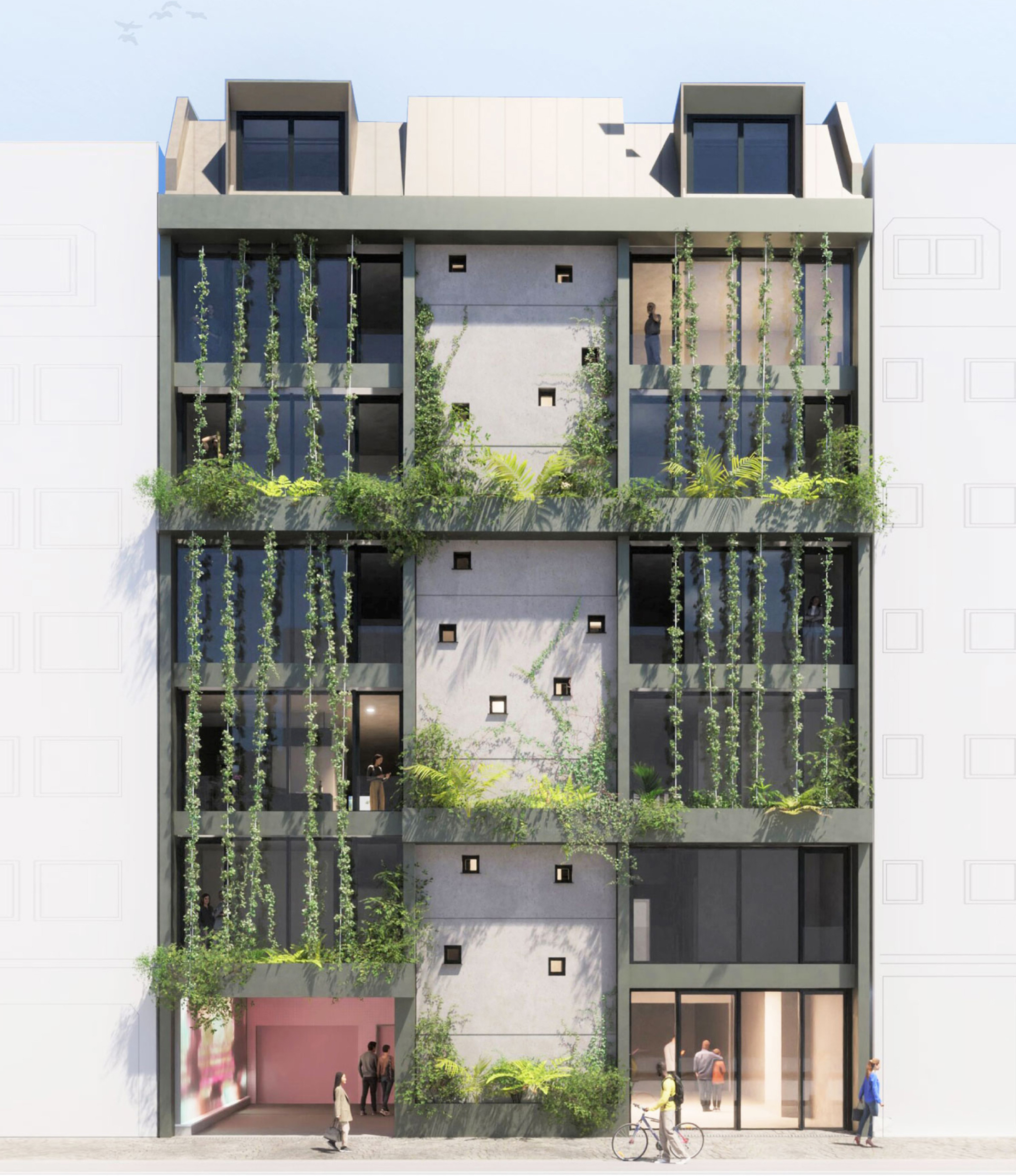 Fassade eines modernen mehrstöckigen Gebäudes mit großen Fenstern, vertikalen grünen Pflanzen und zwei Personen auf dem Bürgersteig davor.