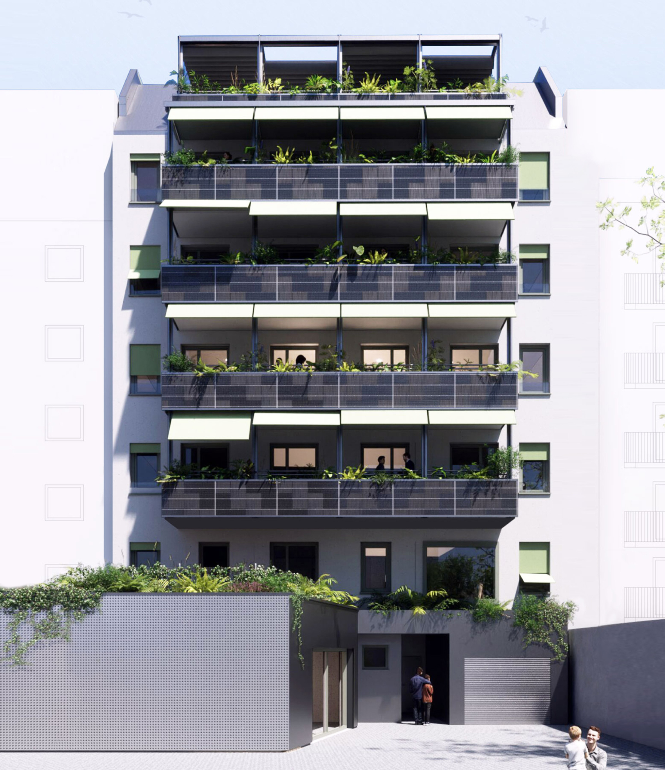 Fünfstöckiges Wohngebäude mit Balkonen, die mit Pflanzen geschmückt sind, und einer begrünten Dachterrasse, zwei Personen vor dem Eingang.
