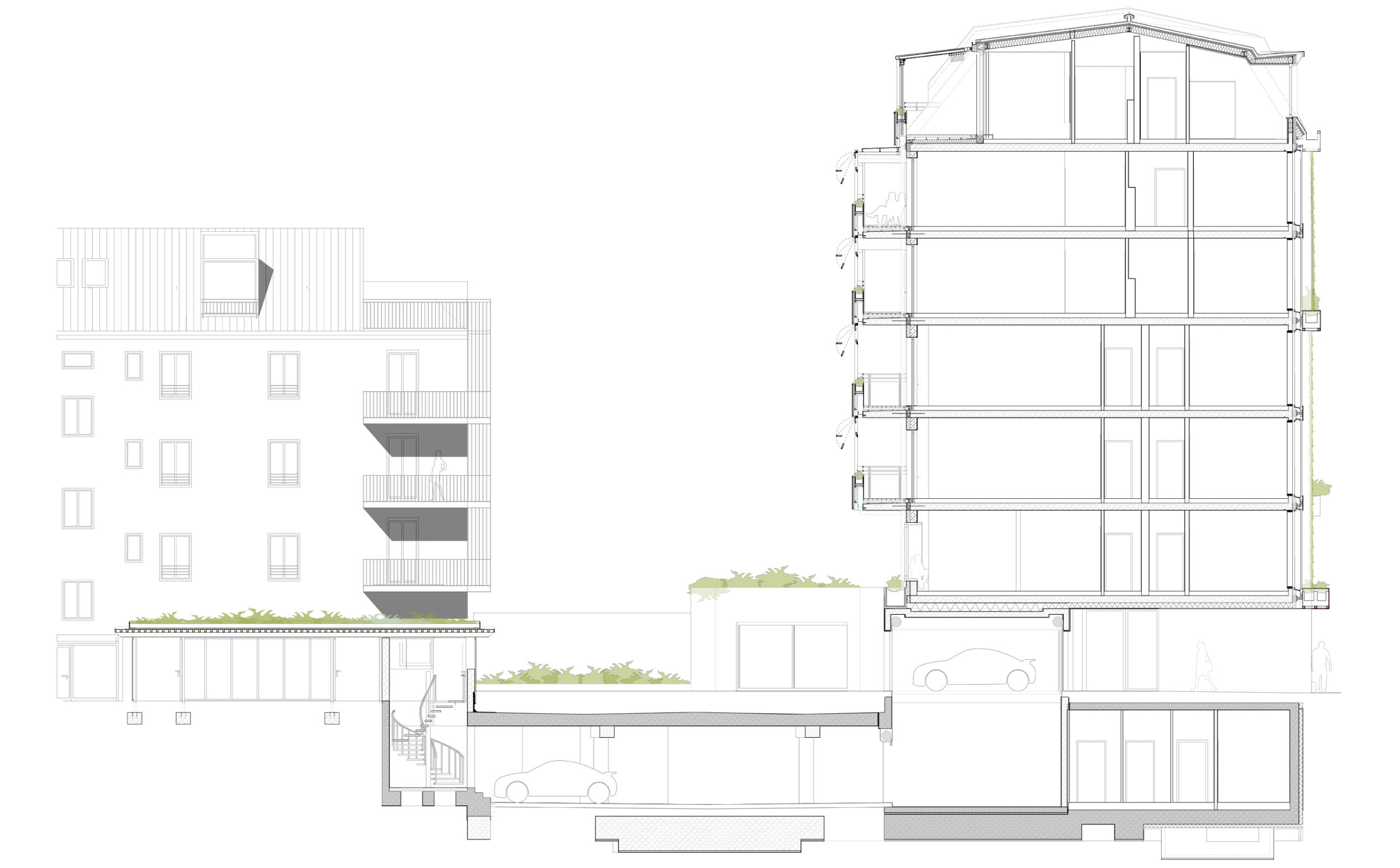 Architektonische Schnittzeichnung eines mehrstöckigen Gebäudes mit Keller, Tiefgarage, Balkonen und Dachaufbau.