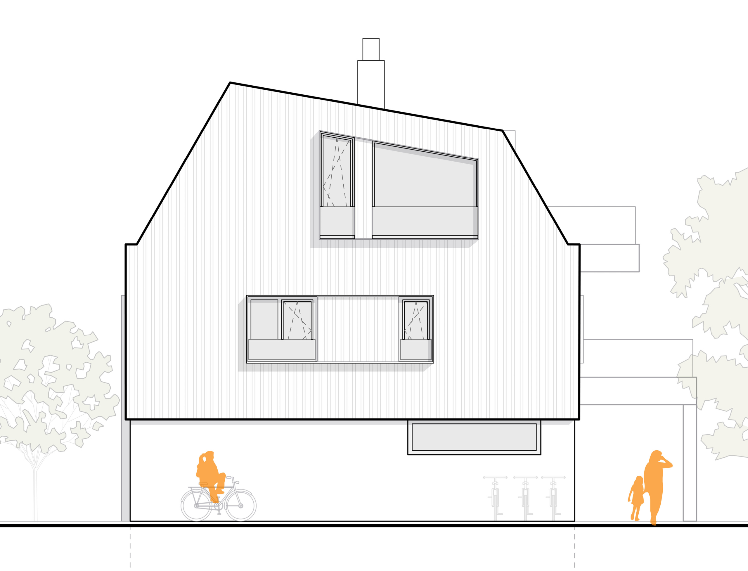 Seitenansicht eines zweistöckigen Hauses mit Satteldach, zwei Fenstern im Obergeschoss, einem Fenster im Erdgeschoss, zwei orangefarbenen Figuren, eine auf einem Fahrrad, die andere mit einem Kind.