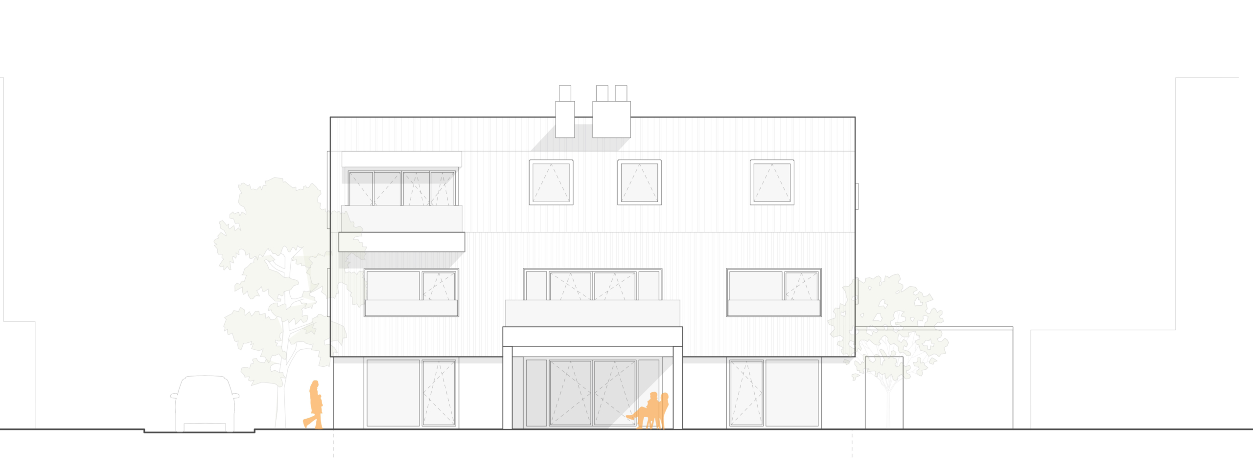 Fassade eines dreistöckigen Gebäudes mit Balkonen und zwei orangenen Figuren, eine steht links, die andere sitzt rechts.
