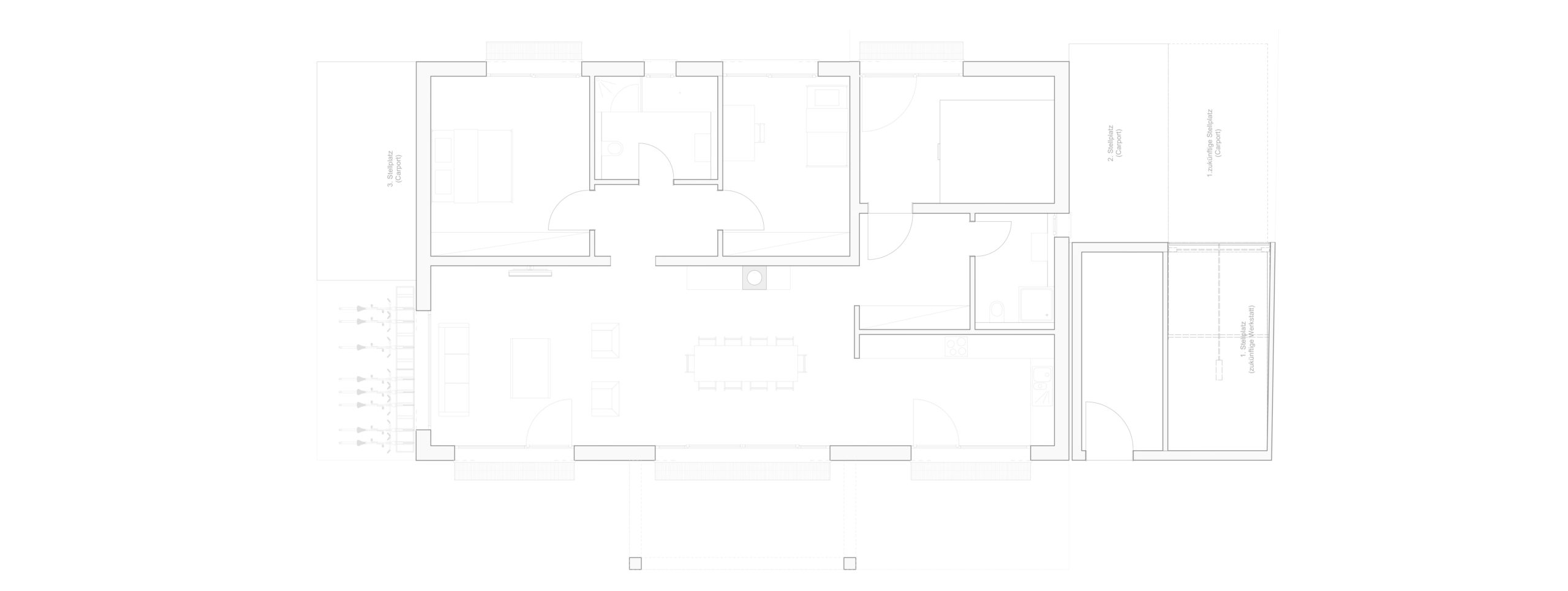 Grundriss eines Hauses mit mehreren Räumen, darunter Wohnzimmer, Schlafzimmer, Küche und Badezimmer, mit Türen und Fenstern eingezeichnet.