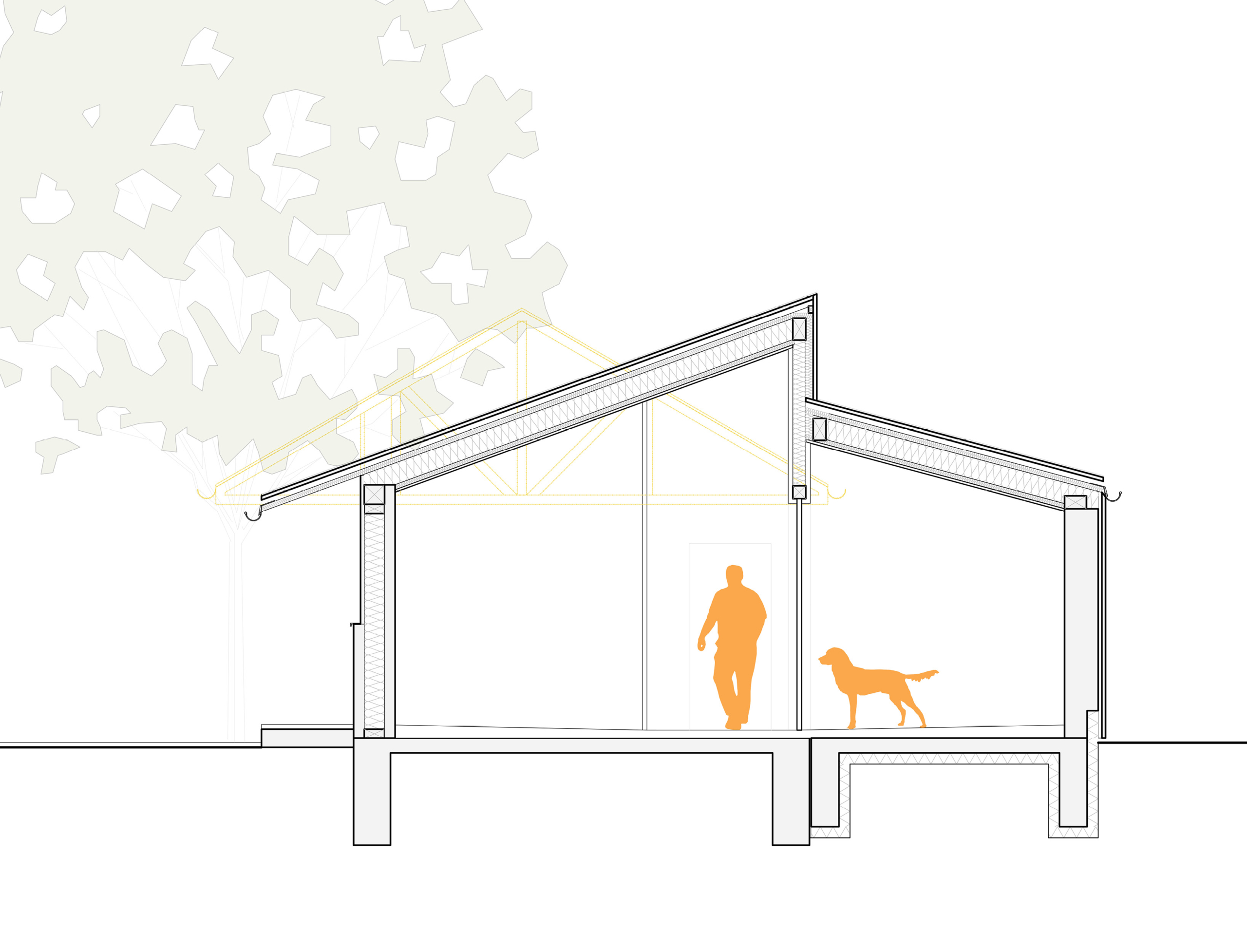 Grundriss Skizze mit zwei Siloutten eines Menschen und eines Hundes in orangener Farbe