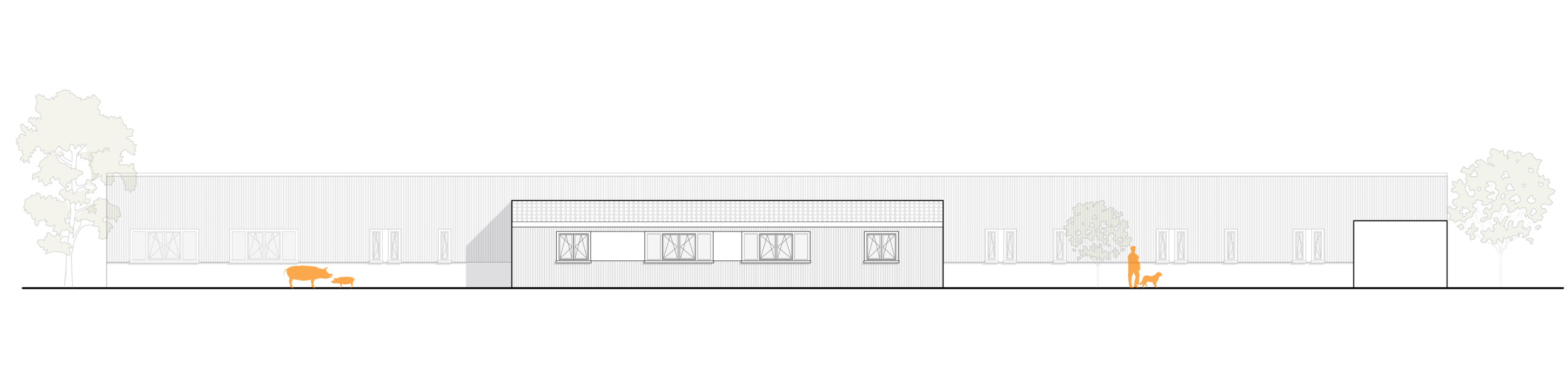 Seitenansicht eines langen, flachen Gebäudes mit mehreren Fenstern, zwei Bäumen links und rechts sowie zwei orangefarbenen Tieren davor.